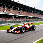 **Monza Circuit Scene:** A Formula One car speeding down the long straight at the Monza circuit in Italy, showing the blur of speed and the grandstands filled with cheering fans. Emphasize the power and aerodynamic efficiency.