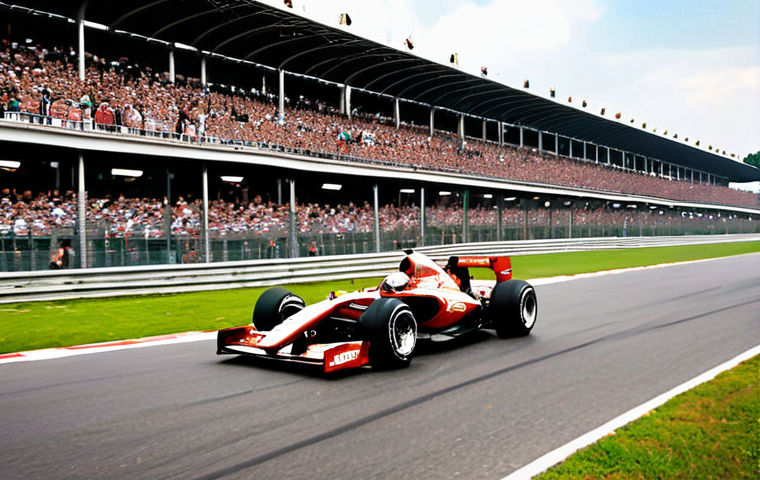 **Monza Circuit Scene:** A Formula One car speeding down the long straight at the Monza circuit in Italy, showing the blur of speed and the grandstands filled with cheering fans. Emphasize the power and aerodynamic efficiency.