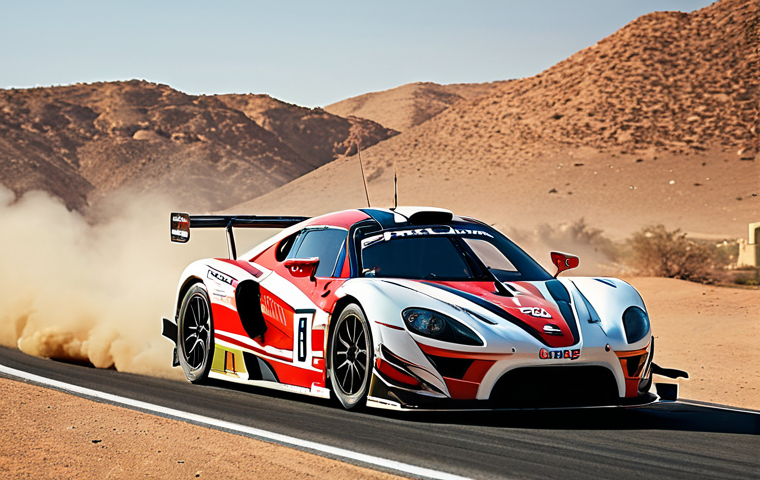 **

> A dynamic motorsports scene capturing the balance between speed and endurance. Focus on a race car in motion, showcasing advanced technology and fuel efficiency. Include subtle elements of Arab culture or design to resonate with the target audience.

**