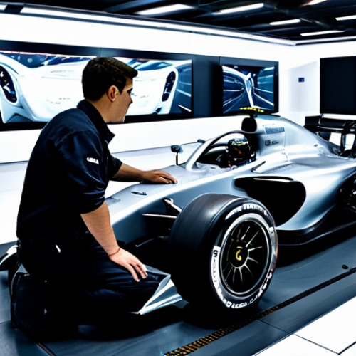 Home 25 A modern Formula 1 car chassis, meticulously engineered, showcasing intricate aerodynamic components and lightweight materials within a high-tech wind tunnel facility. Professional automotive engineers, fully clothed in clean, modest work attire, are observing data screens in the background, their posture natural and focused. The scene emphasizes precision, innovation, and cutting-edge design, with perfect anatomy, correct proportions, well-formed hands, proper finger count, and natural body proportions. This image is safe for work, appropriate content, fully clothed, and represents a professional, high-quality, and detailed rendering of advanced automotive engineering.