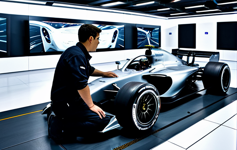 A modern Formula 1 car chassis, meticulously engineered, showcasing intricate aerodynamic components and lightweight materials within a high-tech wind tunnel facility. Professional automotive engineers, fully clothed in clean, modest work attire, are observing data screens in the background, their posture natural and focused. The scene emphasizes precision, innovation, and cutting-edge design, with perfect anatomy, correct proportions, well-formed hands, proper finger count, and natural body proportions. This image is safe for work, appropriate content, fully clothed, and represents a professional, high-quality, and detailed rendering of advanced automotive engineering.