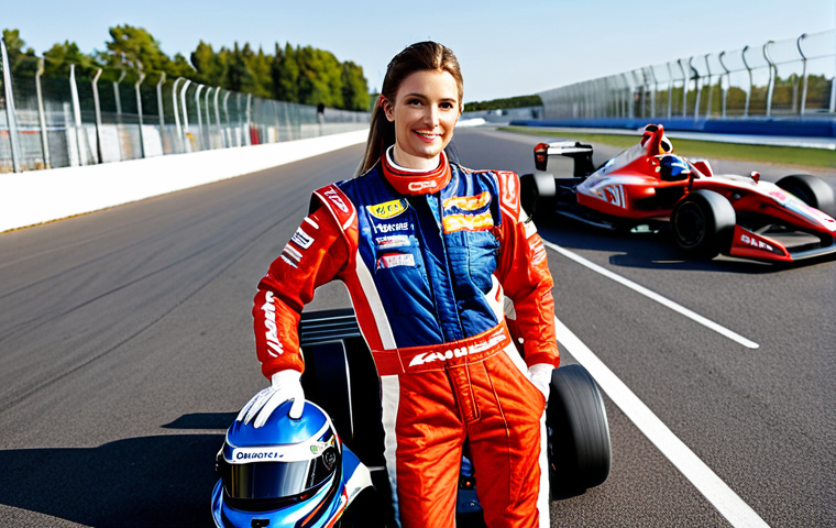 카트 레이싱 입문 가이드 - "A professional female race car driver, fully clothed in a modern, branded racing suit, standing pro...