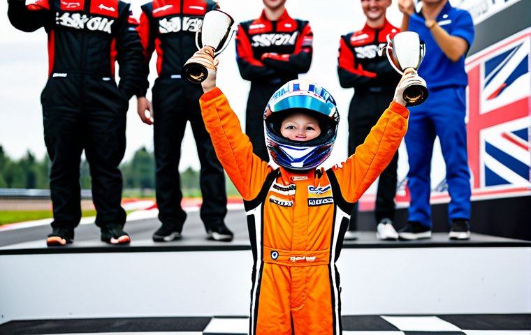 카트 레이싱 입문 가이드 - "A professional female race car driver, fully clothed in a modern, branded racing suit, standing pro...