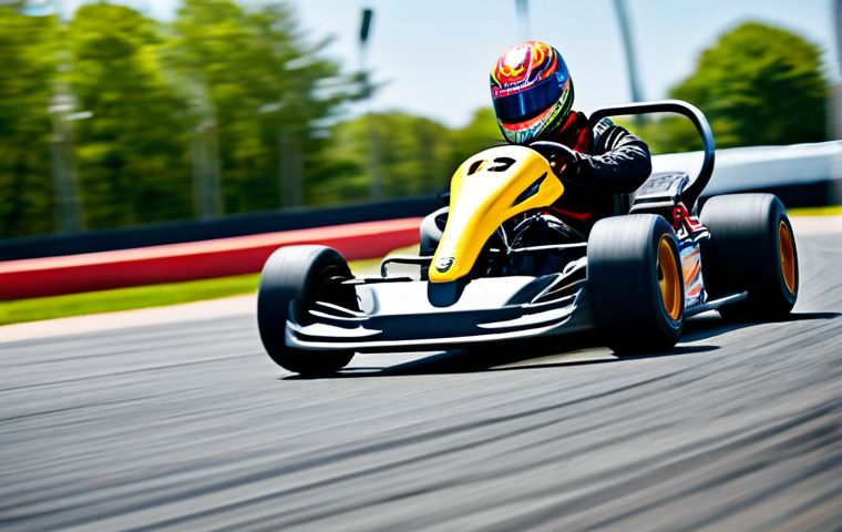 카트 레이싱 입문 가이드 - "A young boy, fully clothed in a vibrant racing jumpsuit and helmet, excitedly celebrating a go-kart...