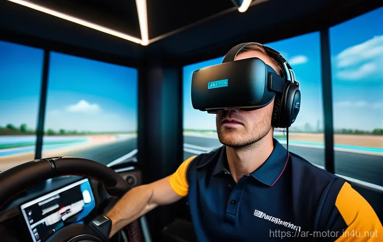모터스포츠 VR 레이싱 시뮬레이터 - Image Prompt 1: The Adrenaline of First Immersion**