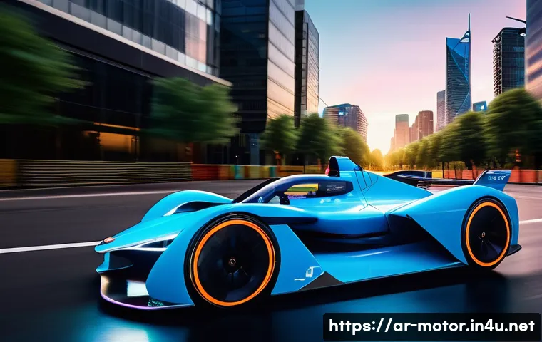 모터스포츠와 환경 이슈 - **Prompt 1: Futuristic Electric Street Race** A dynamic, eye-level shot of a sleek, cutting-edge...