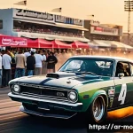 드래그 레이싱 역사 - A dynamic scene of a traditional drag racing event in an urban Middle Eastern setting during sunset,...