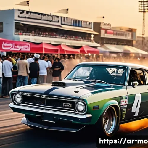 드래그 레이싱 역사 - A dynamic scene of a traditional drag racing event in an urban Middle Eastern setting during sunset,...