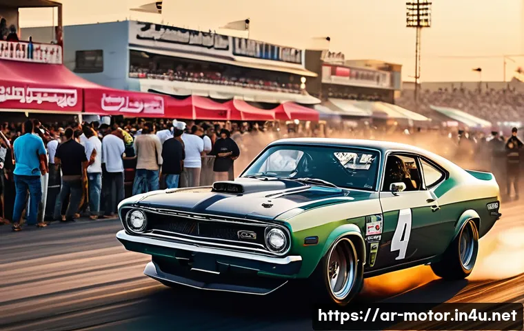 드래그 레이싱 역사 - A dynamic scene of a traditional drag racing event in an urban Middle Eastern setting during sunset,...