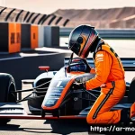 모터스포츠 경주에서의 안전 규정 - A detailed scene of a professional car racing driver preparing for a race at a modern racetrack in t...