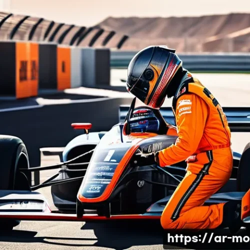 모터스포츠 경주에서의 안전 규정 - A detailed scene of a professional car racing driver preparing for a race at a modern racetrack in t...