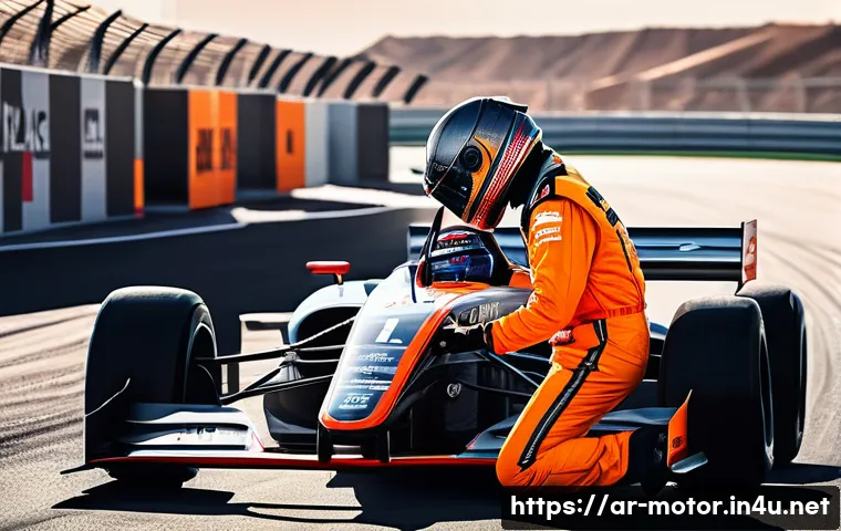 모터스포츠 경주에서의 안전 규정 - A detailed scene of a professional car racing driver preparing for a race at a modern racetrack in t...