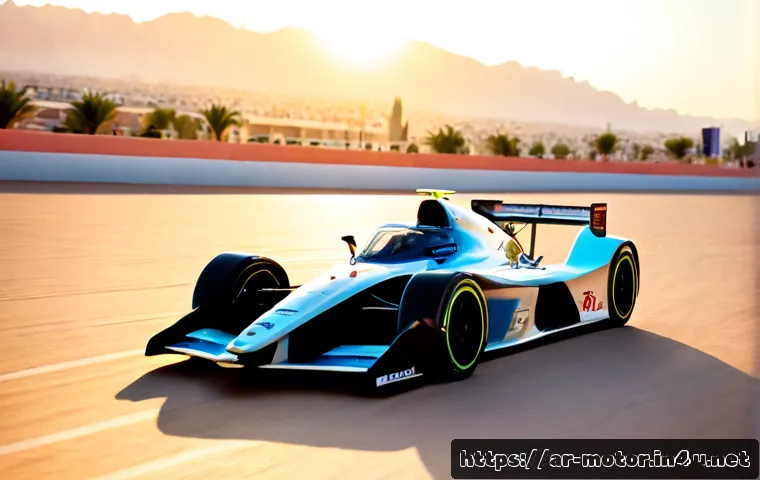 포뮬러 E 전기차 기술 - Photorealistic electric Formula racing car in a modern desert city circuit at golden hour, sleek aer...