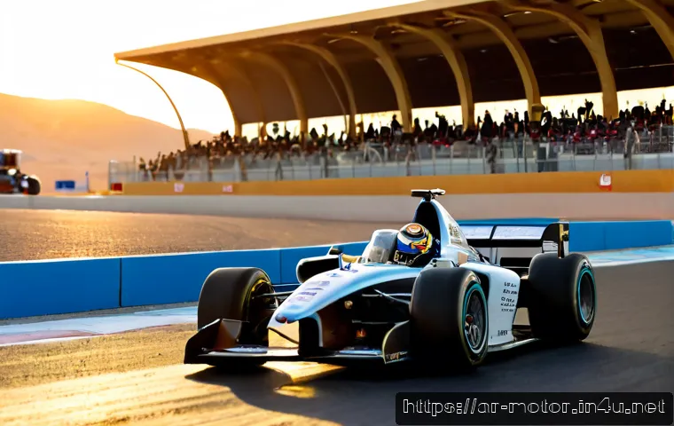 F1 연습 세션과 퀄리파잉의 차이 - Photorealistic Formula-style racing practice session in a modern desert circuit pit lane, a single u...